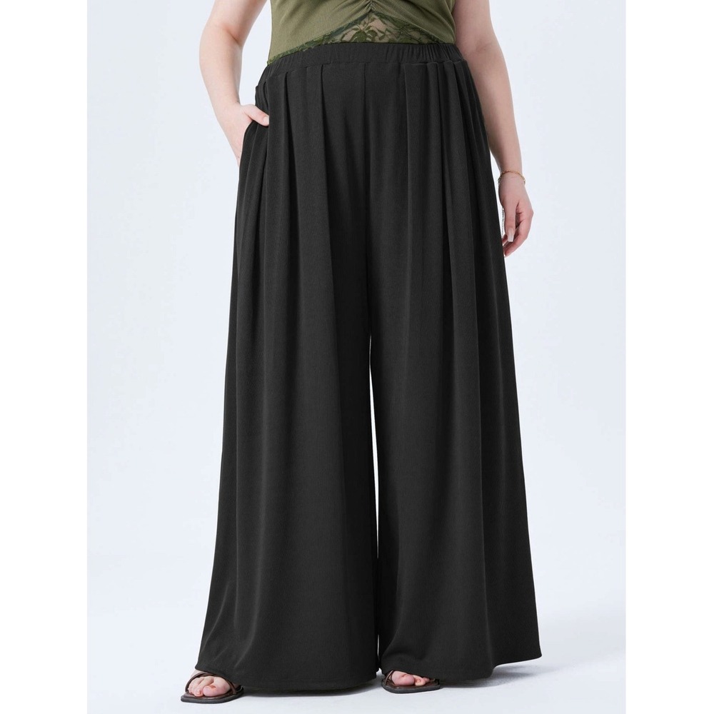 Cider Pull On Pants 0XL Black Ribbed Knit Wide Leg High Rise Pockets Loungewear